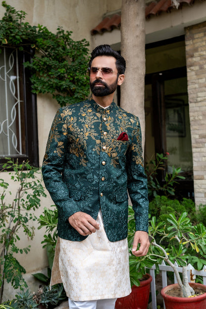 MC 147 Green Embroider Prince Suit For Groom - Mashal Couture