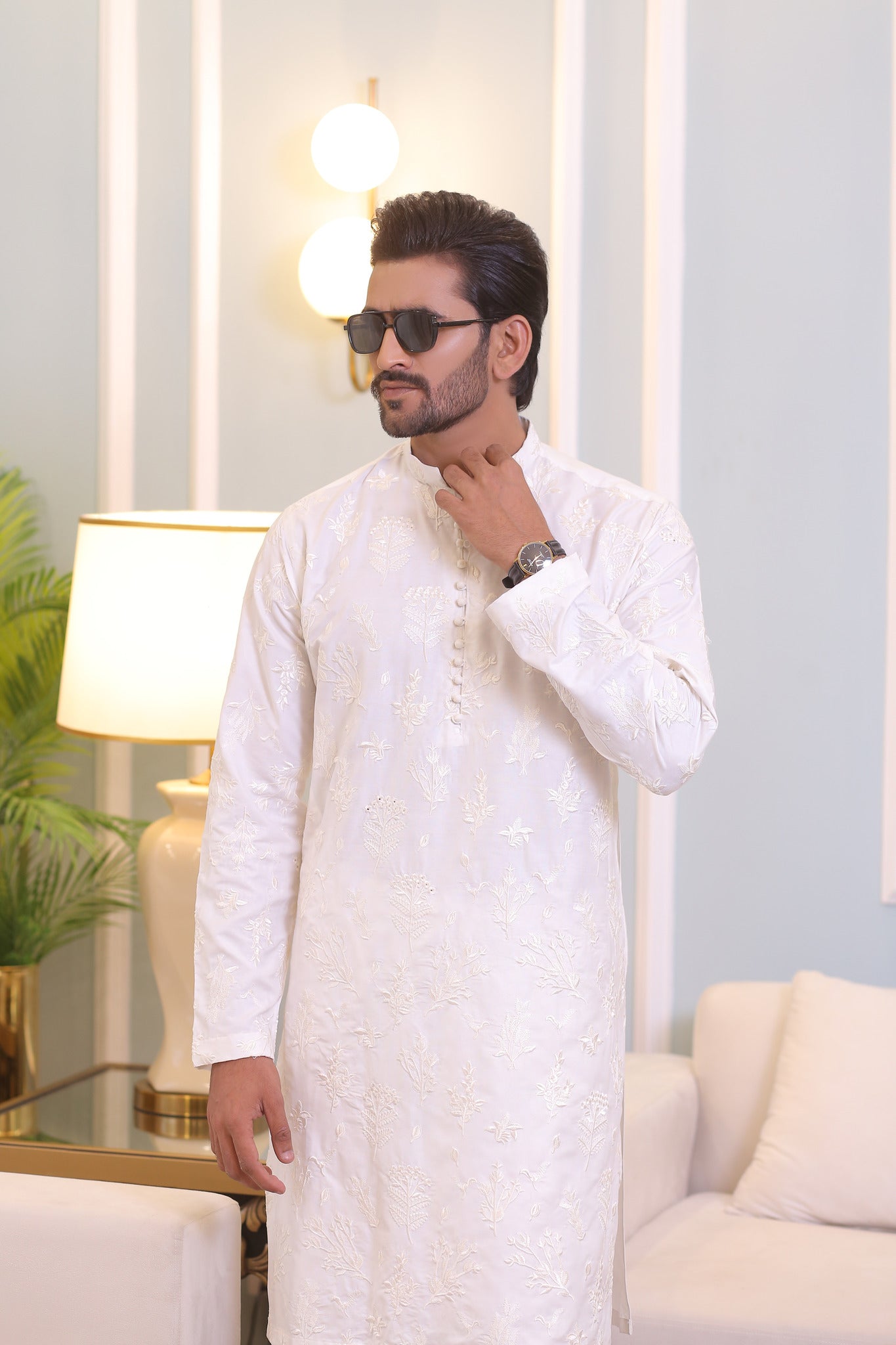 CK 22 White Chikankari Kurta Pajama For Men