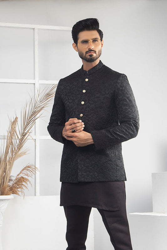 MC 187 Pakistani Black Prince Coat For Men - Mashal Couture