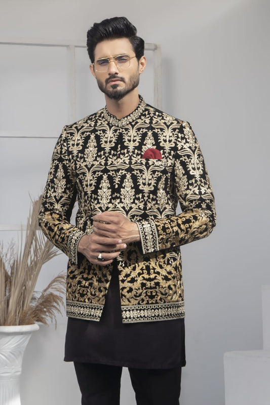 MC 184 Pakistani Black Velvet Gold Prince Coat - Mashal Couture