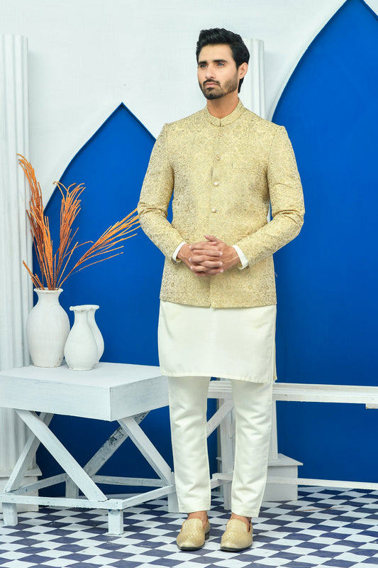 MC 180 Pakistani Gold Zari Work Men Prince Coat - Mashal Couture