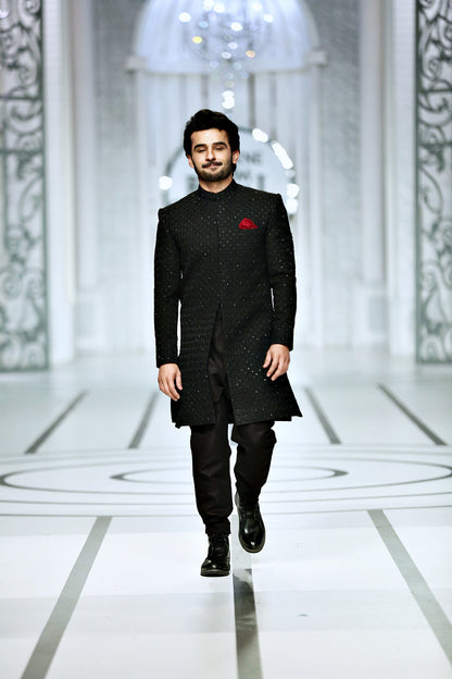 MC 604 Black Bridal Sherwani Mens Wear - Mashal Couture