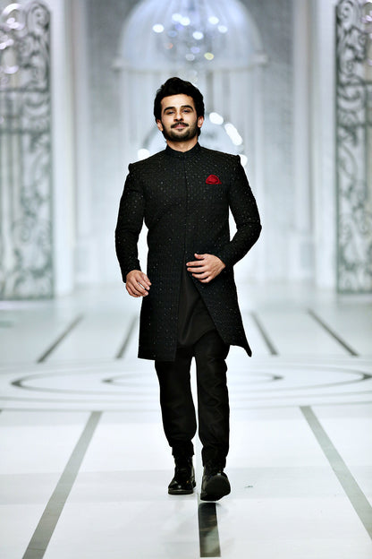 MC 604 Black Bridal Sherwani Mens Wear - Mashal Couture