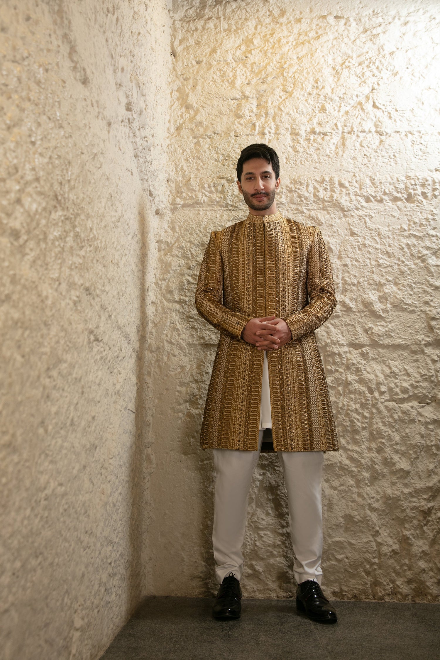 MC 550 Golden Hand Work Wedding Sherwani - Mashal Couture