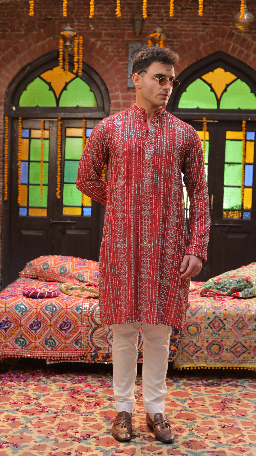 Maroon Mirror Work Kurta For Men