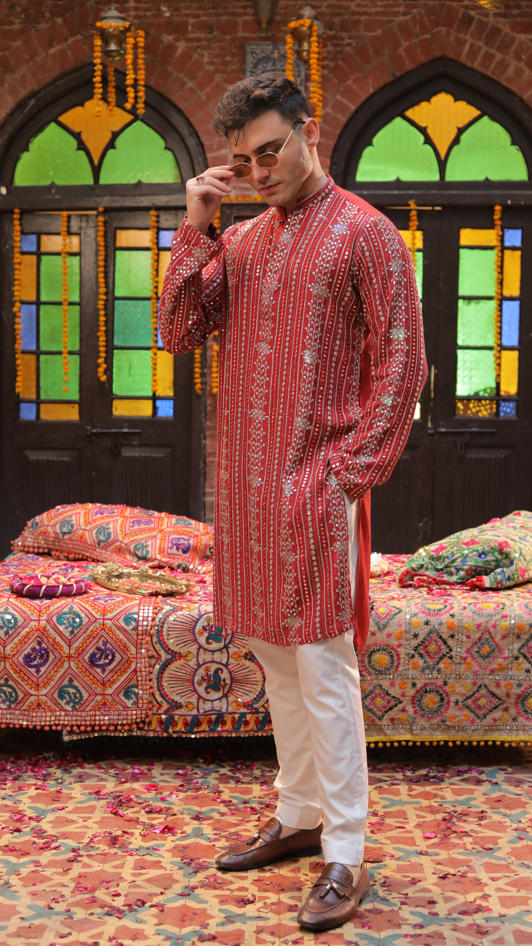 Maroon Mirror Work Kurta For Men