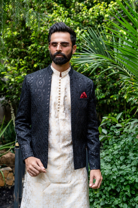 MC 186 Pakistani Black Prince Coat - Mashal Couture