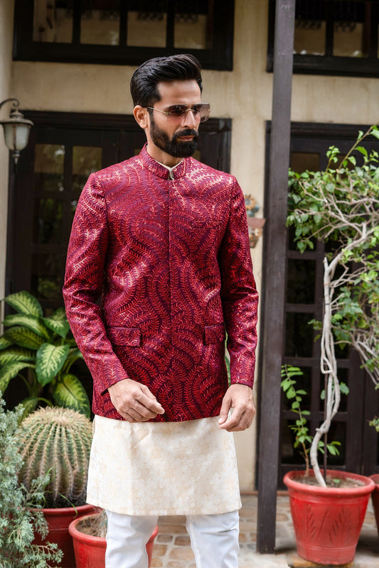 MC 185 Maroon Pakistani Prince Coat - Mashal Couture