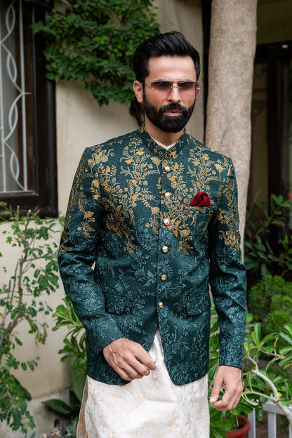 MC 147 Green Embroider Prince Suit For Groom - Mashal Couture