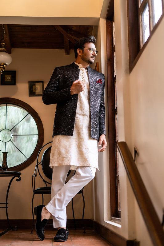 MC 183 Pakistani Black Prince Suit For Wedding - Mashal Couture