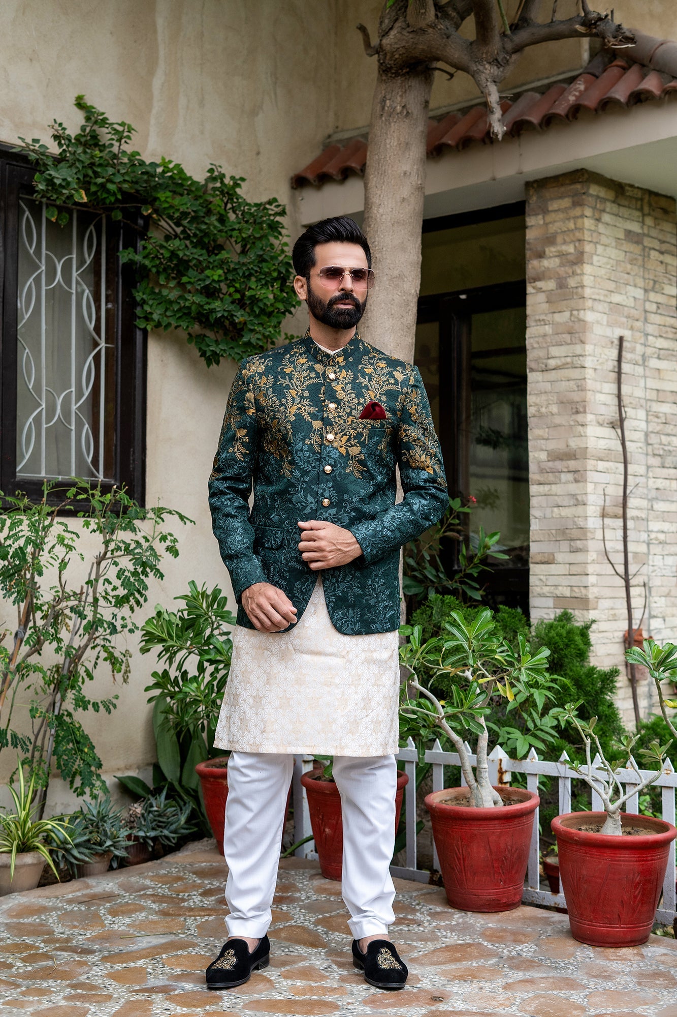 MC 147 Green Embroider Prince Suit For Groom - Mashal Couture