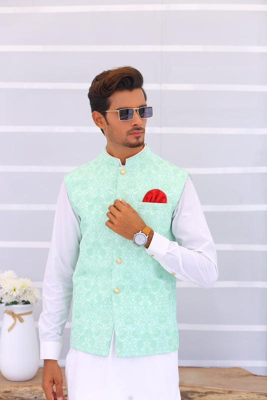 sky blue waistcoat with shalwar kameez