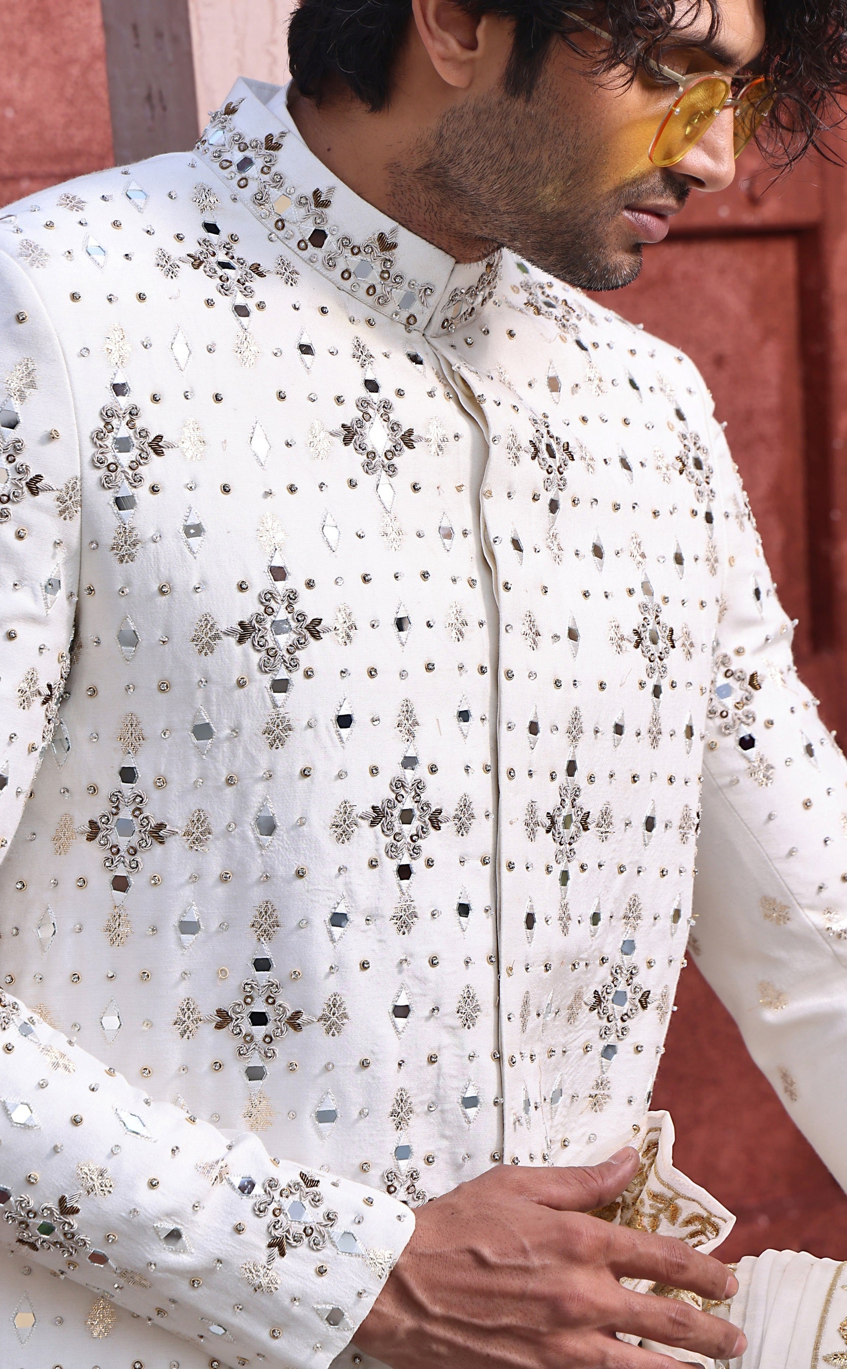 MC 553 White Mirror Work Mens Wedding Sherwani - Mashal Couture