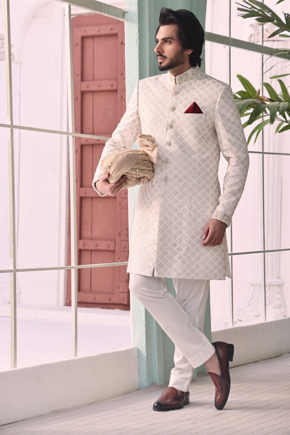 MC 556 Mens White Sherwani For Wedding - Mashal Couture