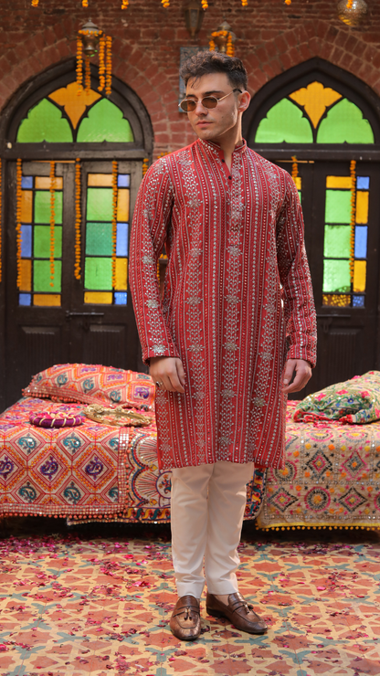 Maroon Mirror Work Kurta For Men